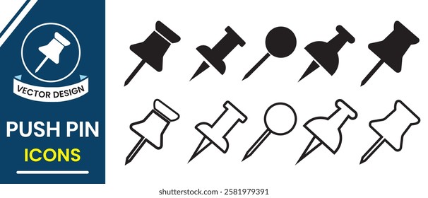 Push pin vector illustration. Push pin icon, vector set. Paperclip, notice board, Needle, pin, attach, outlined, flat, pin icon. Vector illustration.