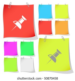 Push pin. Vector note papers.