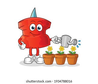 push pin watering the flowers mascot. cartoon vector