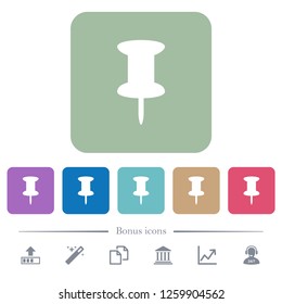 Push pin white flat icons on color rounded square backgrounds. 6 bonus icons included