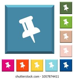 Push pin white icons on edged square buttons in various trendy colors