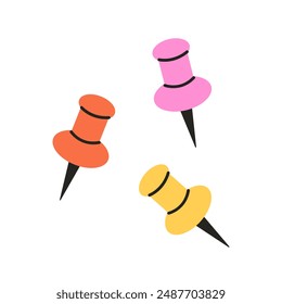 Push pins, attaching buttons, thumb tacks for marking, pricking. School and office supplies, stationery. Vector illustrations in flat style