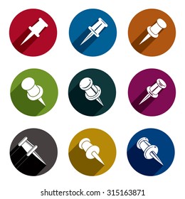 Push pins icons vector set, simplistic symbols vector collections.