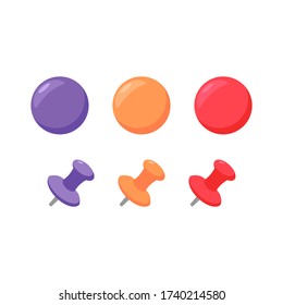 Push pins and magnets set - flat vector illustration of colorful business and education office supply for pinning and attaching paper notes isolated on white. Stationery tools for noticeboard.
