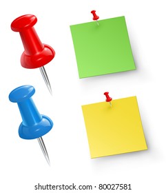 Push pins with note papers, vector.