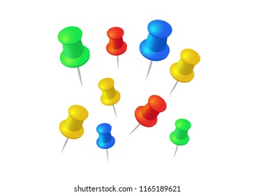 Push pins set. Stationery object, plastic element, tack and needle. Push pins 
