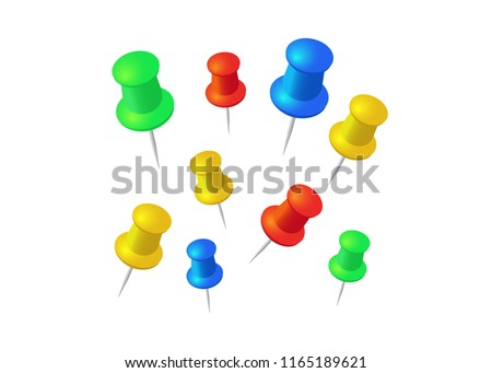 Push pins set. Stationery object, plastic element, tack and needle. Push pins 