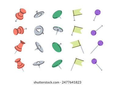 Push pins set. Thumbtacks, pointed needles for corkboard. Thumb tacks, fixation button heads, attachment pointers, pricking needles for posts. Flat vector illustration isolated on white background