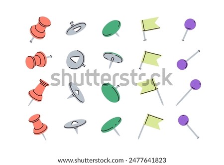 Push pins set. Thumbtacks, pointed needles for corkboard. Thumb tacks, fixation button heads, attachment pointers, pricking needles for posts. Flat vector illustration isolated on white background