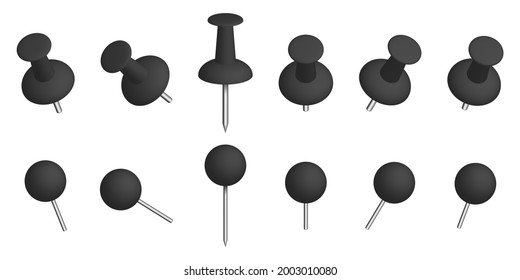 Push pins. Thumbtacks. Set of push pins in different angles.