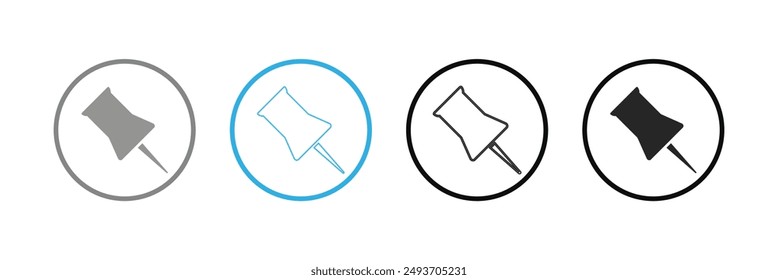 Push pins vector icon set. Pin for notes in different angles symbol. Linear pins sign. Paper clip icon. Eps 10.