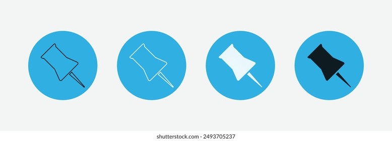 Push pins vector icon set. Pin for notes in different angles symbol. Linear pins sign. Paper clip icon. Eps 10.