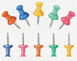 Push Pins Vector Set In Different Colors. Isolated Thumbtacks. Top And Side View. Watercolor Style