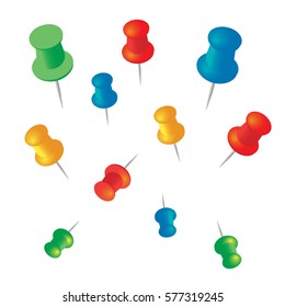 Push pins vector set. Stationery object, plastic element, tack and needle. Push pins vector