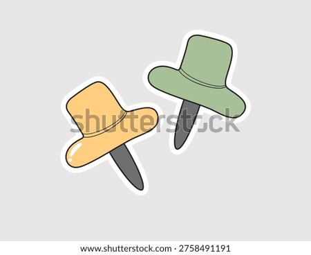 Push pins vector sticker; green and yellow thumbtacks for bulletin board themes, reminder apps, organization planners, and office memo graphics