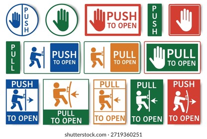 Empuje y tire del conjunto de letreros de instrucciones de la puerta. Etiquetas de entrada informativas con pictogramas humanos