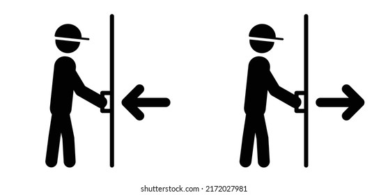 Push and pull door to open and exit icon or symbol, Stickman, stick figure man with door sign. Forward or backward, pulling or pushing yourself. Output, input pictogram. Open doors.