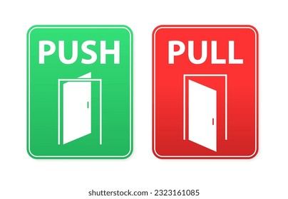 Push pull door sign. Handle to open doors. Outline door illustration design for door opening instructions. Push and pull sign, vector graphic elements, template for door stickers. Vector illustration