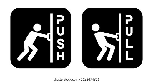 Push and Pull Door sign icon set. Push and Pull label, logo, badge, icons, sticker, emblem, stamp, symbol, black, line circle, flat vector, isolated illustration. Open and close door sign.