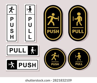 Push and Pull Door Signs Elements Set Stickers Label Vector Illustration