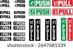 push pull door sticker with pulling and pushing man drawing with black, green, red in horizontal and vertical sticker for print template