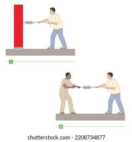 Push and Pull force vector illustration. Force, motion and friction concept. Easy science for kids. Educational illustrated scene