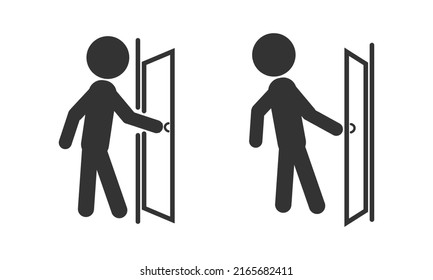 Push and Pull to open door stickman illustration black outline. Label sticker design illustration of man open and close gate