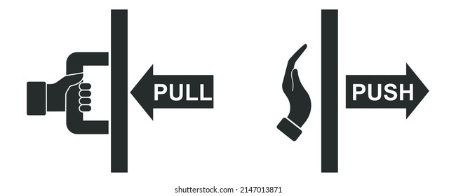 Push And Pull To Open Door Vector Icon On White Background. Hand To Open And Closed Door. Black Silhouette.