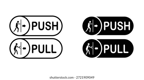 Conjunto de iconos de signo de pulsar y tirar. Empuje y tire del símbolo del Vector de la muestra en negro llenado y delineado estilo.