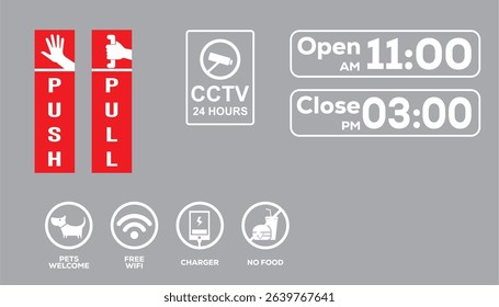 push and pull stickers, no food, welcome dogs, no wifi, charger place, open close, cctv icon vector symbol