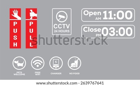 push and pull stickers, no food, welcome dogs, no wifi, charger place, open close, cctv icon vector symbol