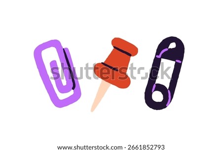Push and safety pins, paperclip. Pushpin and plastic paper clip. Thumbtacks, pricks, clamps for notes, memos. School stationery, office supplies. Flat isolated vector illustration on white background