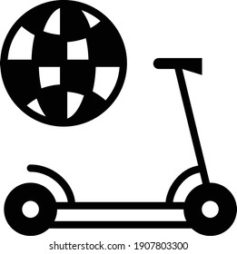 Push Scooter mit Globe Concept, Kick Bike Vector Glyph Icon Design, Green Transport Symbol auf weißem Hintergrund, eco Motorisiertes Scooter-Zeichen, Mobile App Elemente