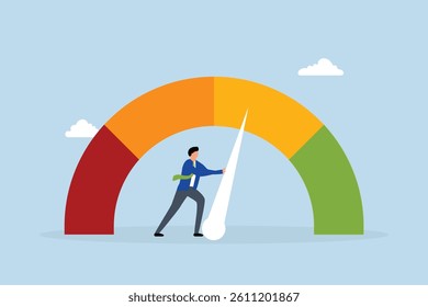Push skill level, businessman pushing skill performance gauge.