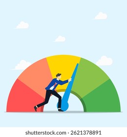 Push skill level concept. Businessman pushing skill performance gauge. Improvement or effort to be better.