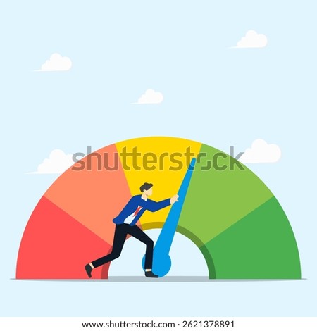 Push skill level concept. Businessman pushing skill performance gauge. Improvement or effort to be better.