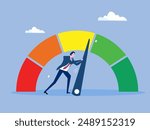 Push skill level, credit score or increase performance, improvement or effort to be better, excellent customer feedback review, gauge scale rating concept, businessman pushing skill performance gauge.