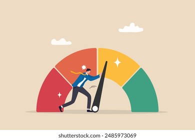 Push skill level, credit score or increase performance, improvement or effort to be better, excellent customer feedback review, gauge scale rating concept, businessman pushing skill performance gauge.