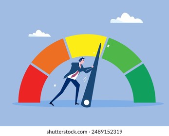 Push skill level, credit score or increase performance, improvement or effort to be better, excellent customer feedback review, gauge scale rating concept, businessman pushing skill performance gauge.