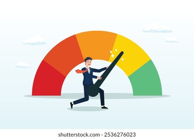 Push skill level, credit score or increase performance, improvement or effort to be better, excellent customer feedback review, gauge scale rating concept, businessman pushing skill performance gauge