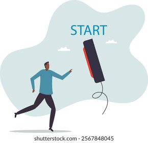 Push start button to start new business, entrepreneur to begin new company, startup to launch project, opportunity,business concept.flat character.