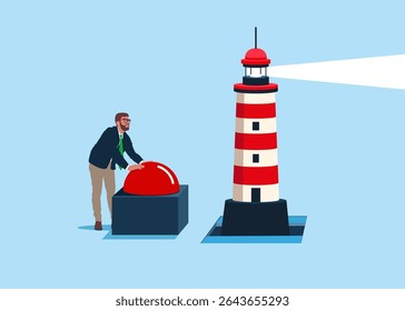 Push start to open door and look at lighthouse. Business vision, competition, foresight, looking for career path. Flat vector illustration