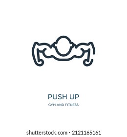 presionar el icono de línea delgada. arriba, íconos lineales de yoga del gimnasio y del concepto de fitness señalización esquemática aislada. Elemento de símbolo de ilustración vectorial para diseño web y aplicaciones.