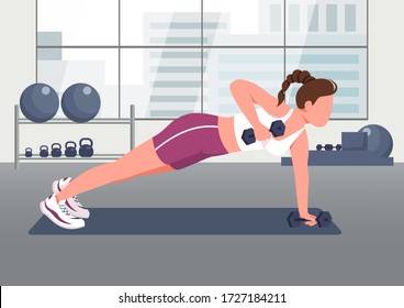 Push ups with dumbbells flat color vector illustration. Female athlete, sportswoman 2D cartoon character with gym on background. Fitness center training, HIIT. Physical training, bodybuilding exercise