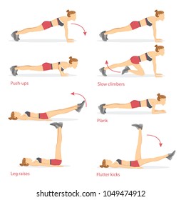 Push ups and slow climbers, plank and flutter kicks, leg raises, set of tabata exercises, tabata collection vector illustration isolated on white