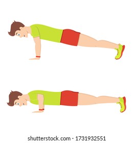 Push ups. Young handsome guy doing strength exercise for pectoral muscles. Vector illustration for web sites, prints and mobile apps.