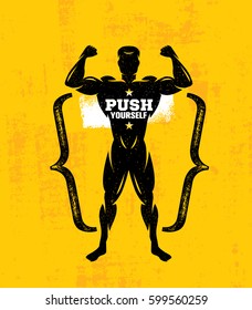 Push Yourself. Workout and Fitness Gym Sport Element Illustration Concept. Creative Custom Vector Sign On Grunge Background For Posters, Banners, T-shirt Design