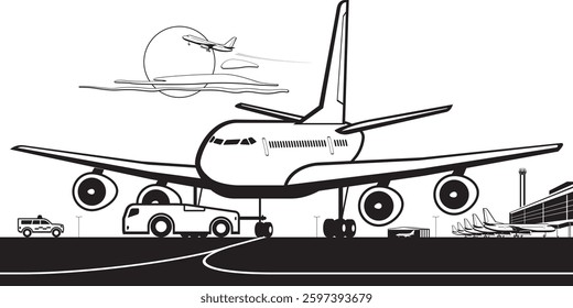 Pushback tractor moving aircraft to runway at airport – vector illustration