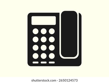 Telefone digital com botão de pressão e conexão por cabo. Telefone fixo com fio com fone de mão e teclado numérico e tela para uma eficiente ilustração de silhueta de vetor de conectividade. Telefone clássico