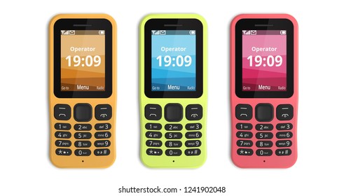 Push-button phones isolated on white background. Brand new featurefone in three colors: sand, lime, raspberry. Vector illustration.